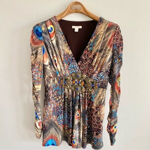 Boston Proper Peacock Feather Print Belted Long Sleeve Top Size Medium